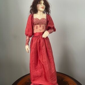 One-of-a-kind polymer clay doll in silk red dress,21.5” tall, signed